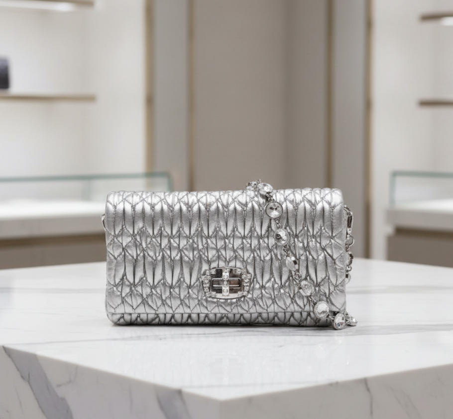 Miu Miu Matelassé Nappa Crystal Chain Shoulder Bag Silver Leather previously owned Authentic