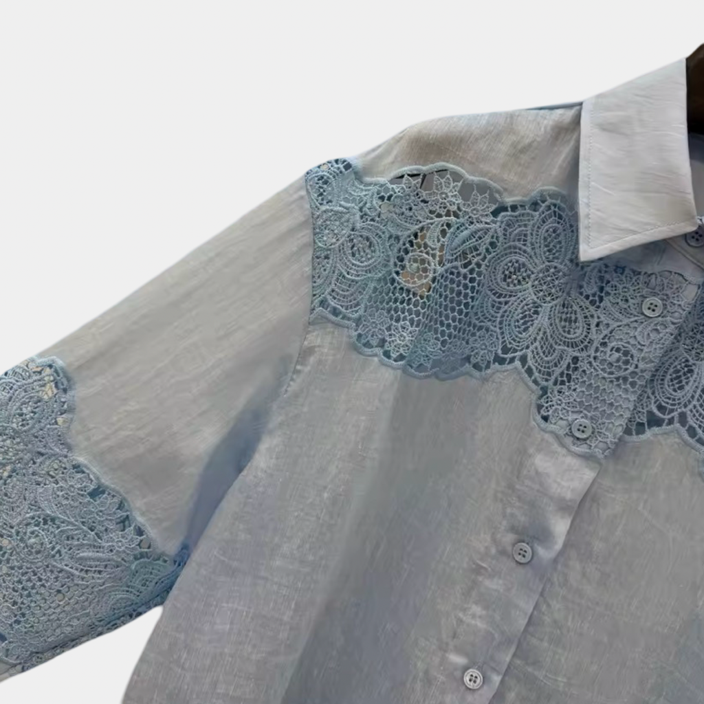 Blue & White Silk Linen Embroidered Lace Shirt or Pleated Skirt Set