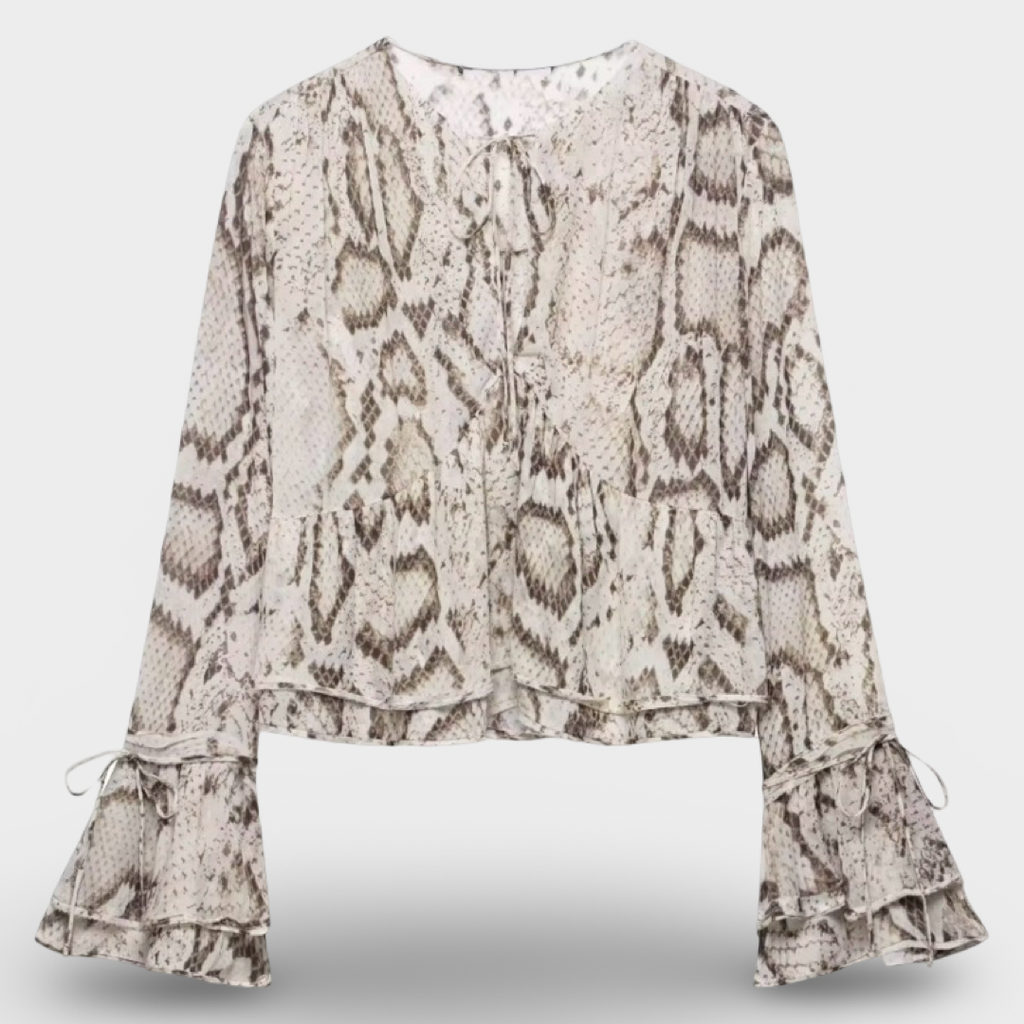 Snake Print Bell Sleeve Blouse | Women’s Lightweight Woven Crew Neck Top & Matching pants Inspired Vintage Outfit | Loose Fit