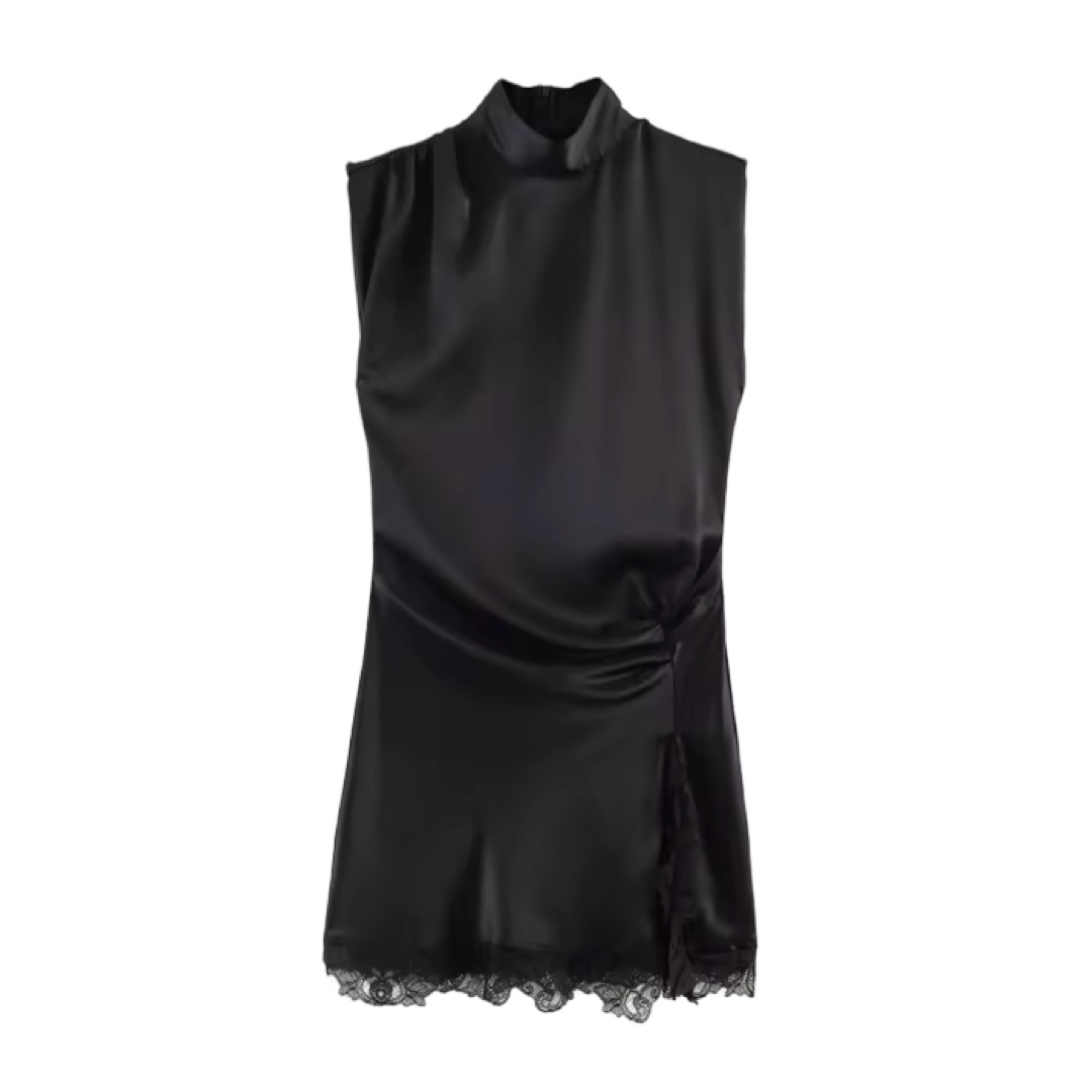 Sleeveless Lace Hem Pleated Mini Dress – Mock Neck Back Zipper Chic Dress
