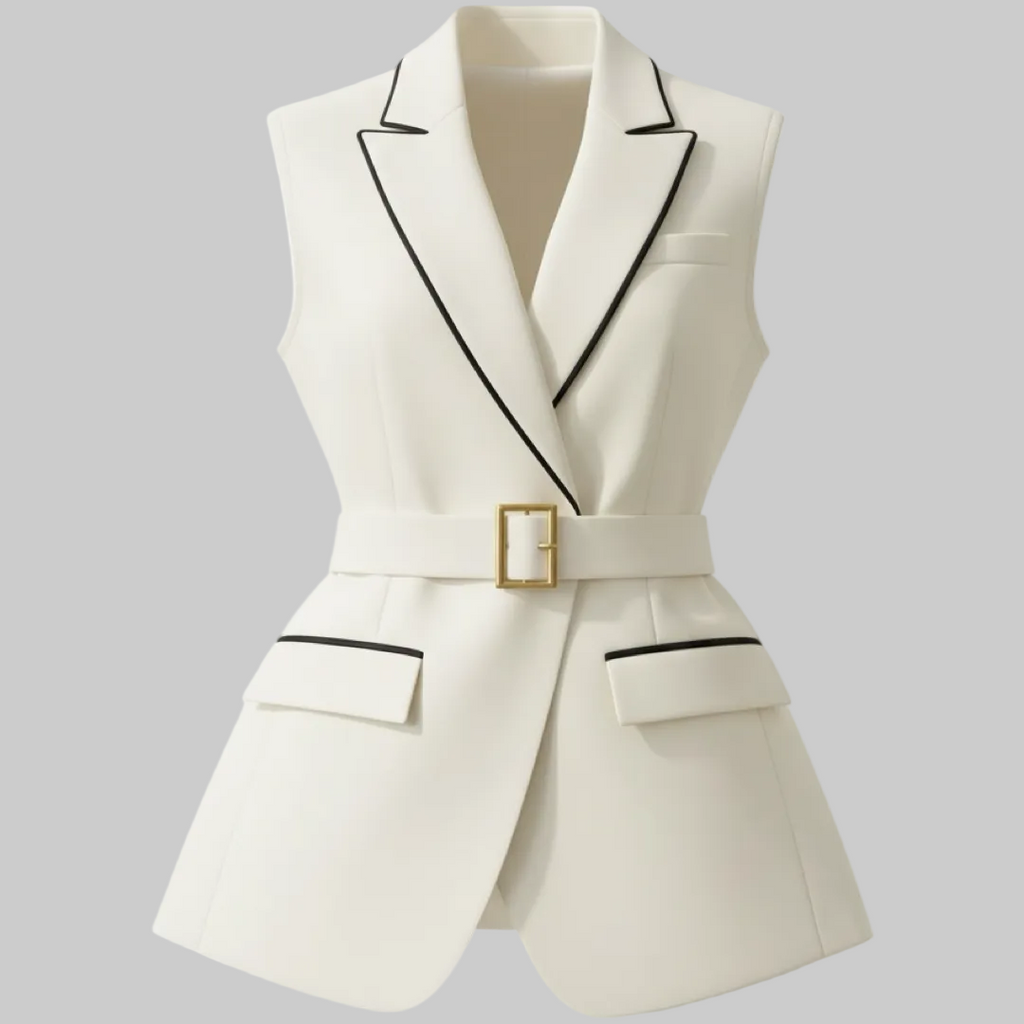White Belted Sleeveless Blazer Vest
