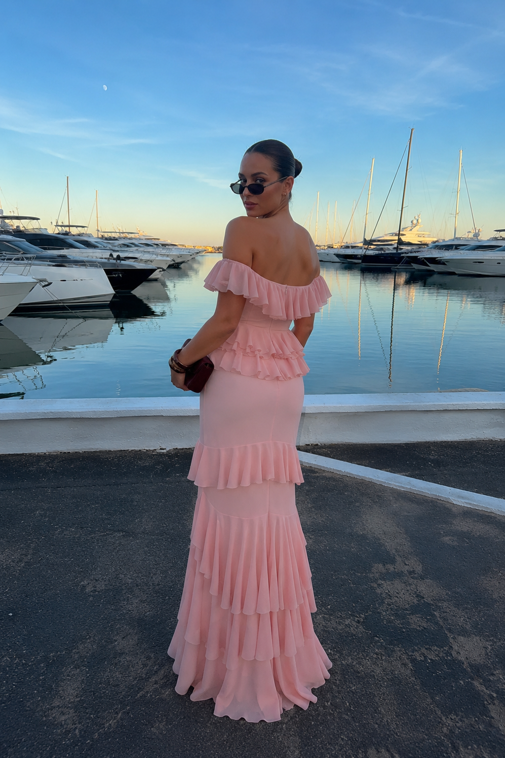 Women’s Strapless Pink Ruffle Chiffon Maxi Dress | High-Waist Occasion Dress