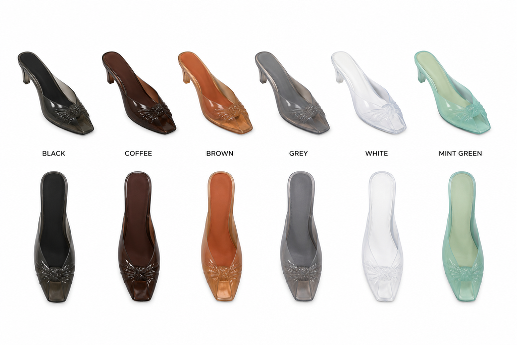 Designer Inspired Transparent Knot-Detail Jelly Mule Heels – Square Toe