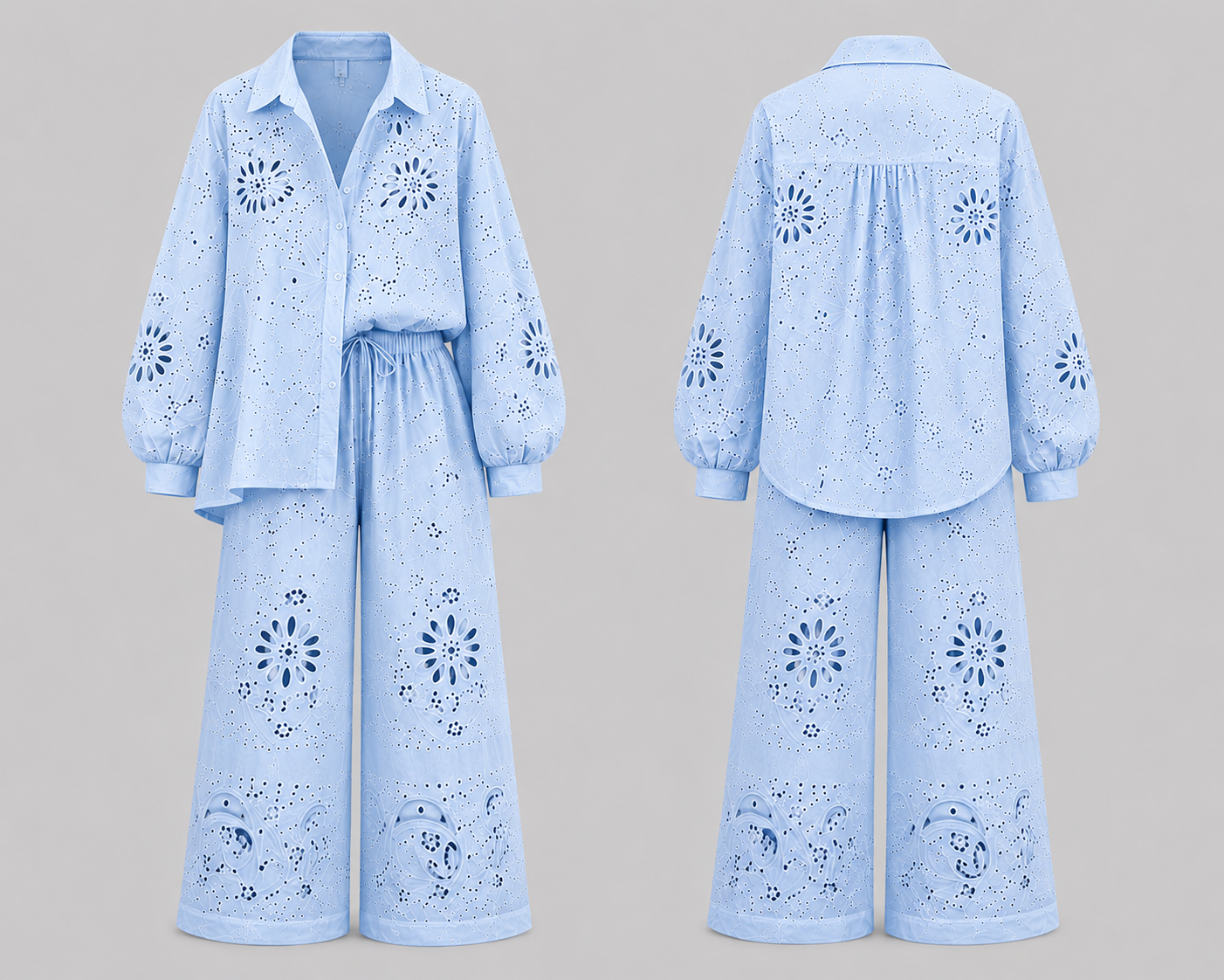 Embroidered Eyelet wide leg & oversized Matching shirt two-piece co-ord Outfit