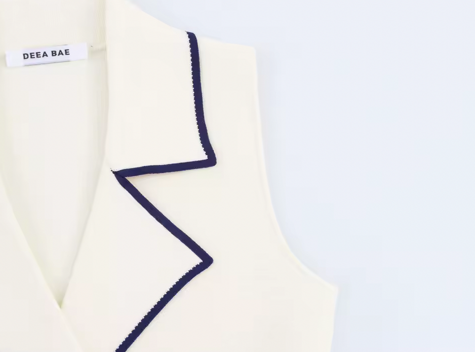 Women’s Double-Breasted Contrast Trim Knit Vest – White – Sleeveless Tailored Waistcoat