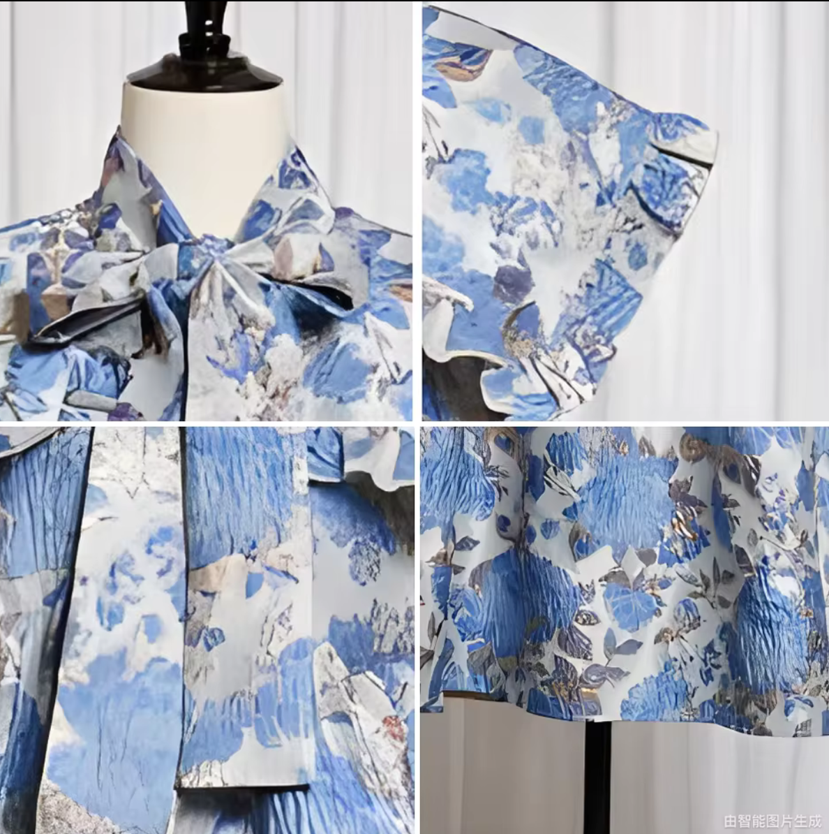 Blue Floral Embroidered Jacquard Midi Dress with Bow Tie Collar – Elegant Summer Occasion