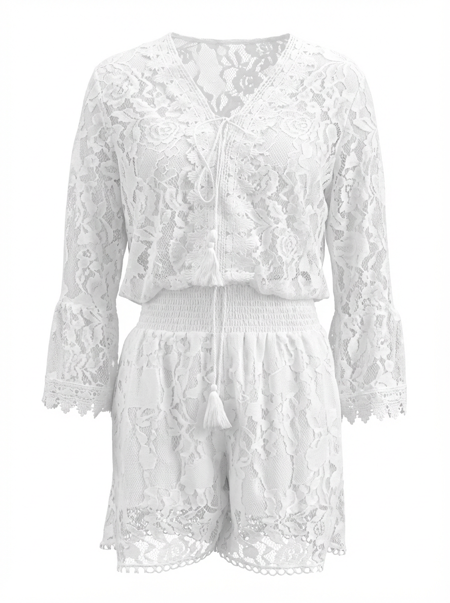 Women’s Lace Two-Piece Set – V-Neck Top & Flowy Shorts, Bell Sleeves, Summer  Outfit