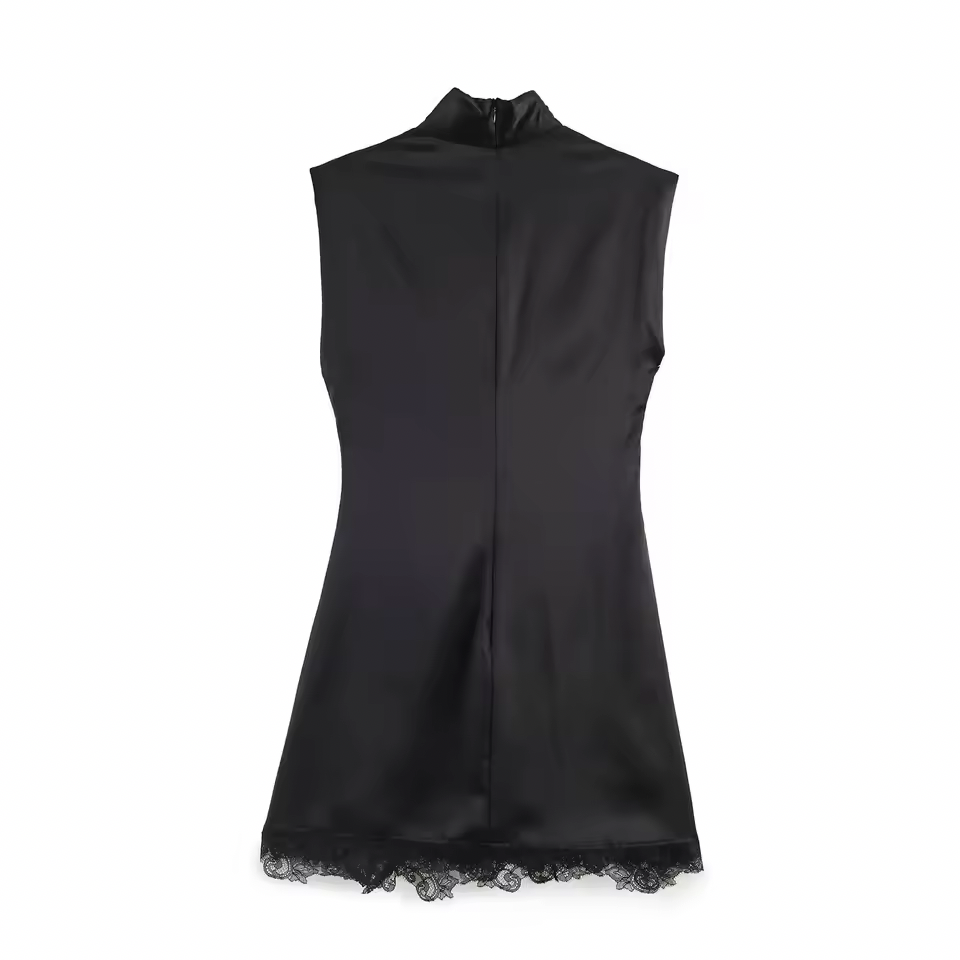 Sleeveless Lace Hem Pleated Mini Dress – Mock Neck Back Zipper Chic Dress