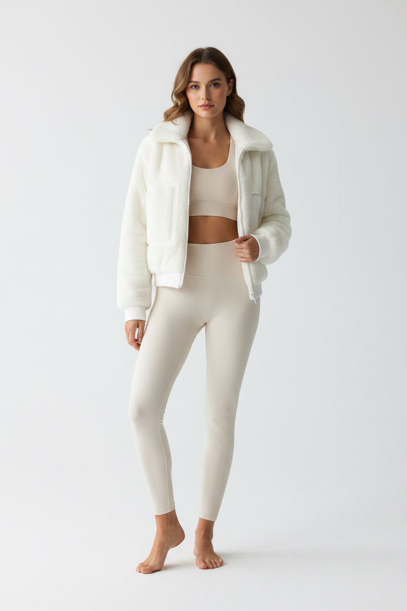 Teddy Fleece Bomber Jacket – Quilted Pocket Zip-Up Coat