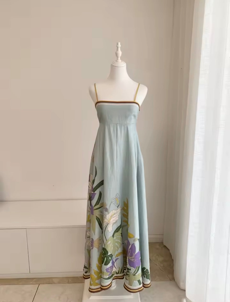 Light Blue Square Neck Floral Linen Camisole Maxi Dress