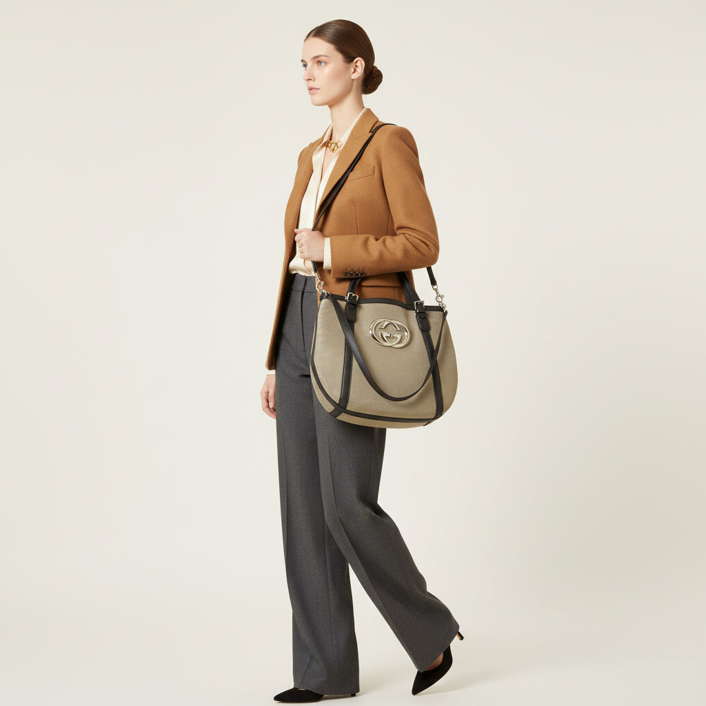 GUCCI – GG Logo 2-Way Tote Bag – Beige Canvas &amp; Leather with Shoulder Strap – 100% Authentic ✨Previously Owned Excellent Condition ~50% Off MSRP