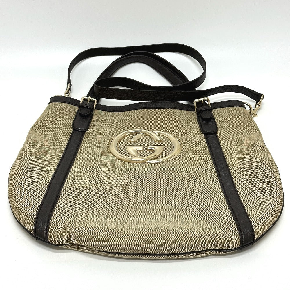GUCCI – GG Logo 2-Way Tote Bag – Beige Canvas &amp; Leather with Shoulder Strap – 100% Authentic ✨Previously Owned Excellent Condition ~50% Off MSRP