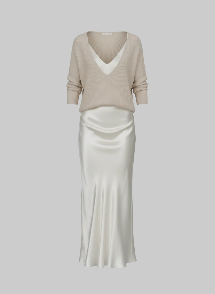 Two-Piece Satin Slip Midi Dress & Knit V-Neck Sweater