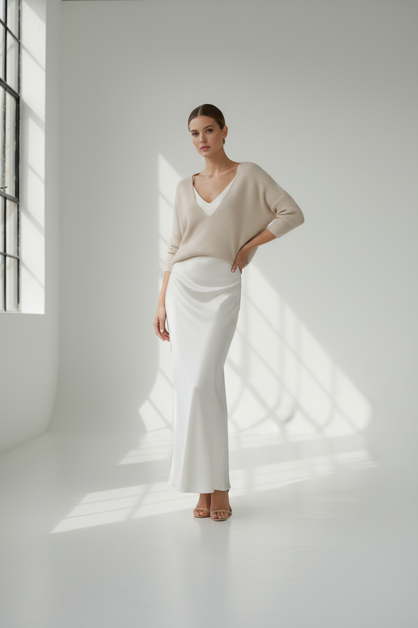 Two-Piece Satin Slip Midi Dress & Knit V-Neck Sweater