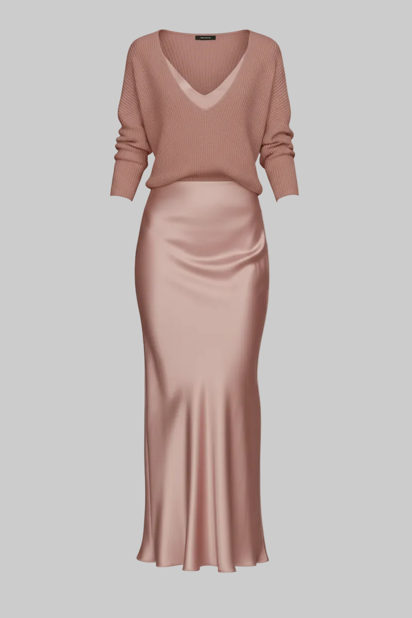 Two-Piece Satin Slip Midi Dress & Knit V-Neck Sweater