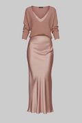 Women’s Two-Piece Satin Slip Midi Dress & Knit V-Neck Sweater