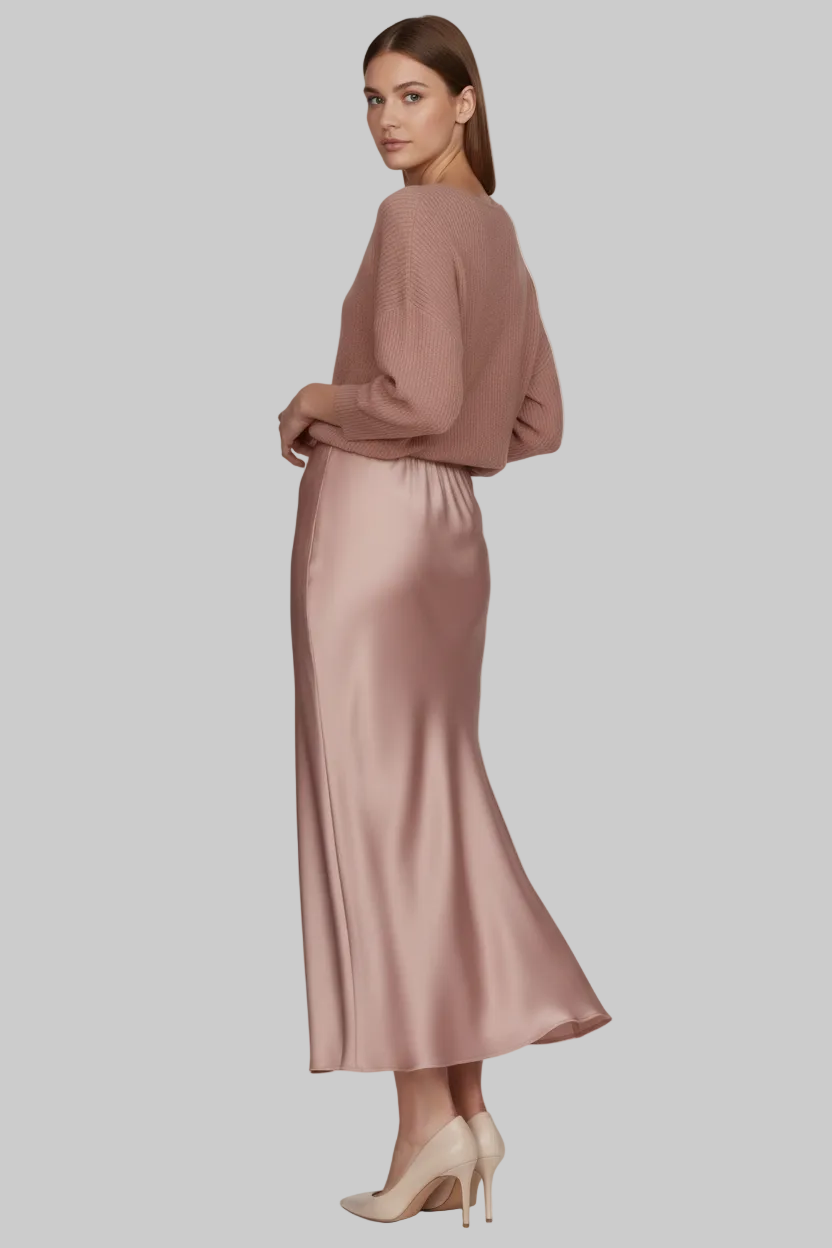 Two-Piece Satin Slip Midi Dress & Knit V-Neck Sweater