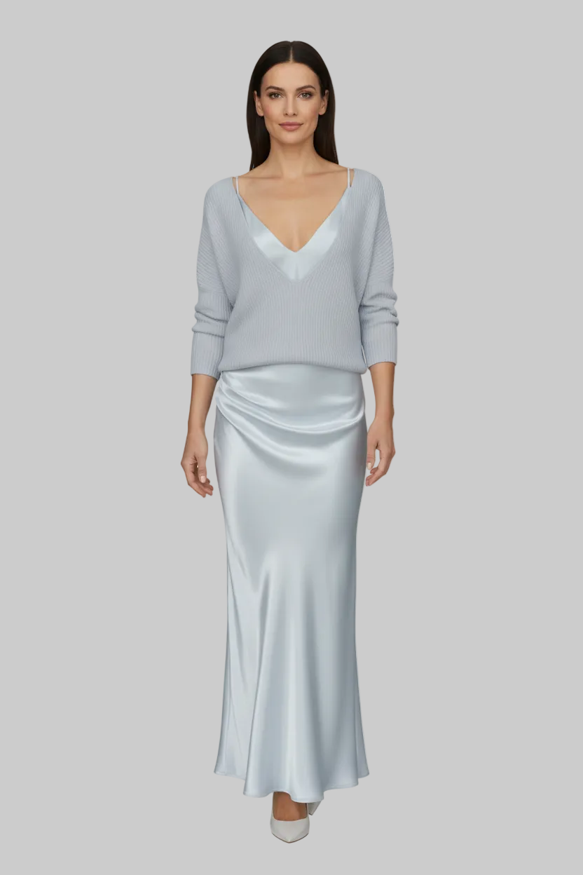 Two-Piece Satin Slip Midi Dress & Knit V-Neck Sweater