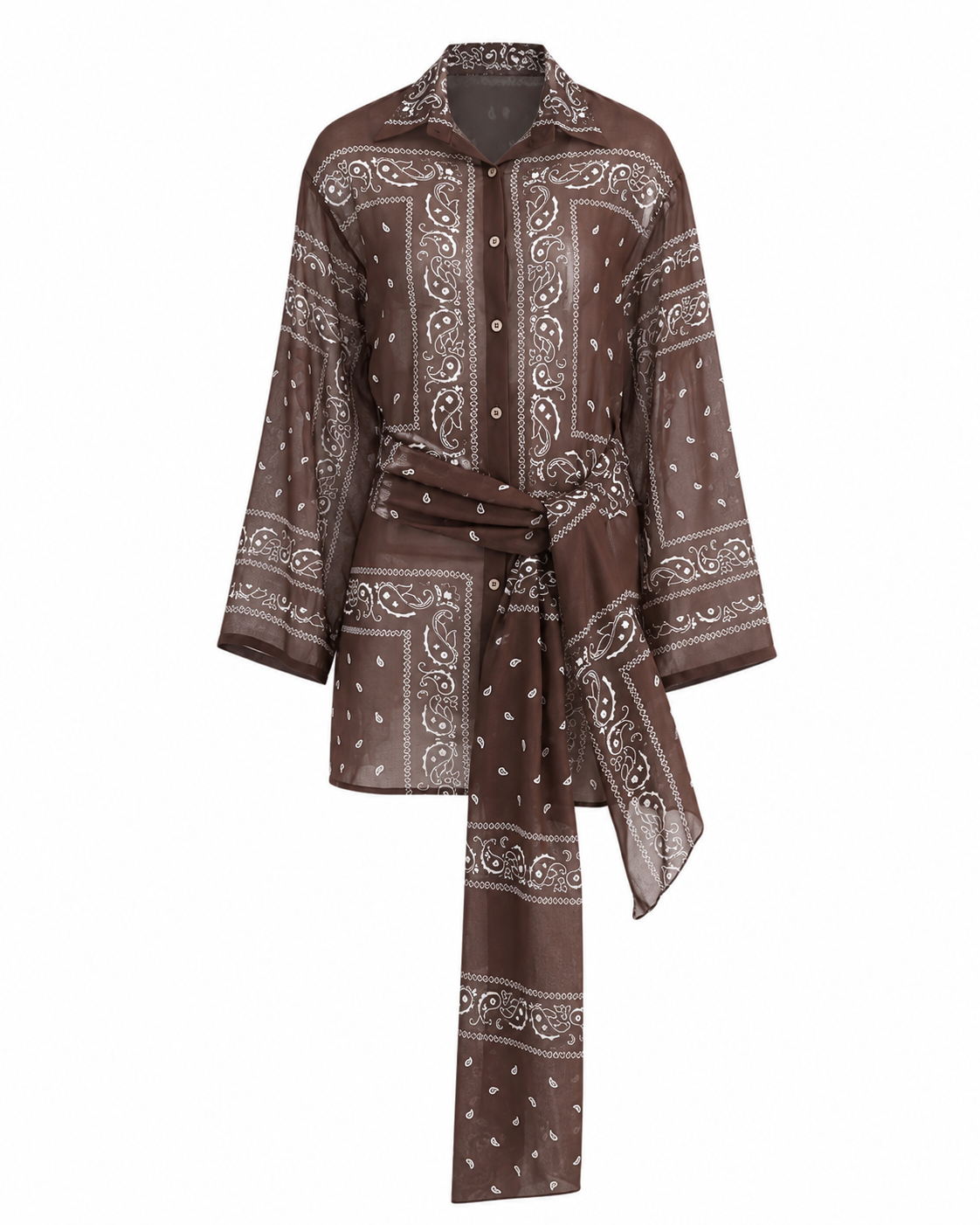 Women’s Brown Bandana Paisley Print Matching Co-Ord Outfit – Long Button-Front Shirt with Sash & Wide-Leg Pants