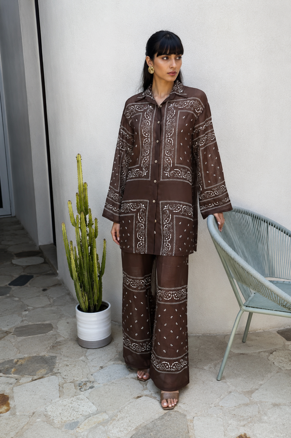 Women’s Brown Bandana Paisley Print Matching Co-Ord Outfit – Long Button-Front Shirt with Sash & Wide-Leg Pants