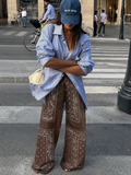 Women’s Brown Bandana Paisley Print Matching Co-Ord Outfit – Long Button-Front Shirt with Sash & Wide-Leg Pants