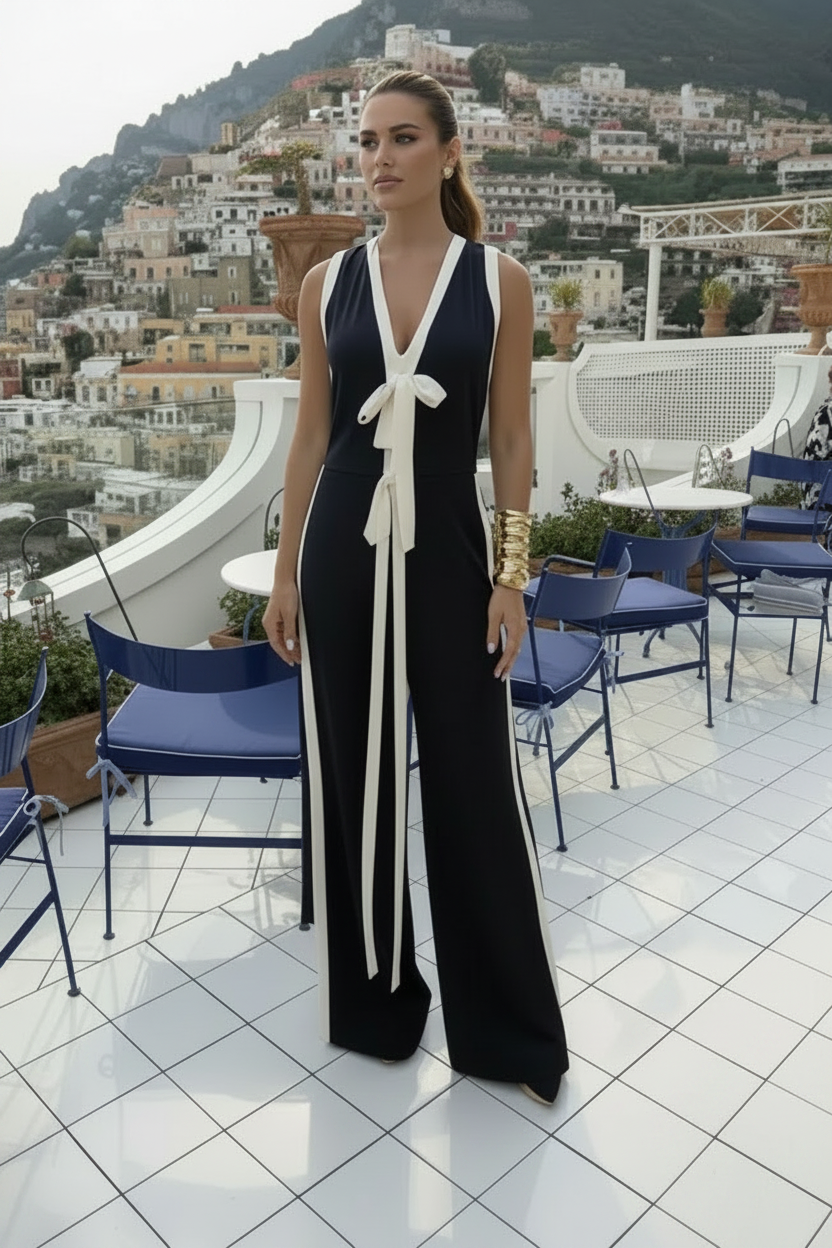 Black & White Sleeveless Wide-Leg Jumpsuit – Chanel Vibes