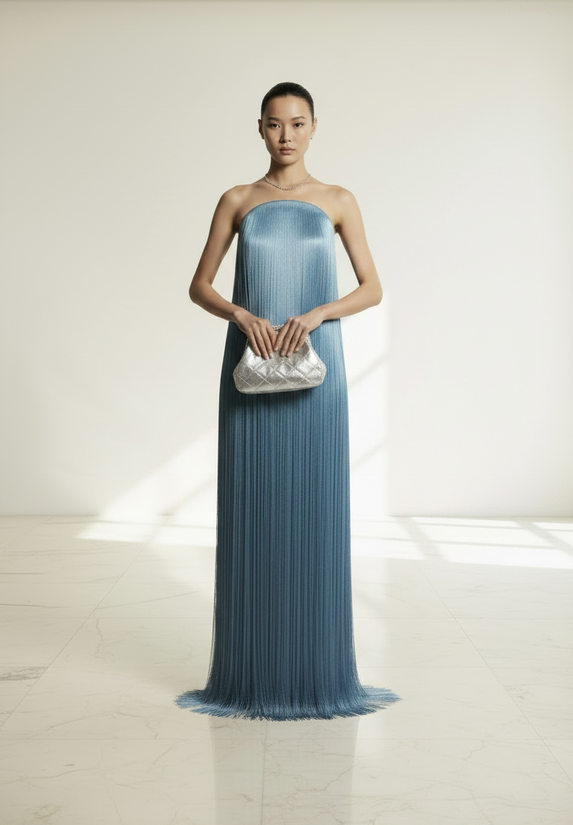 Blue Ombré Strapless Fringe Evening Gown