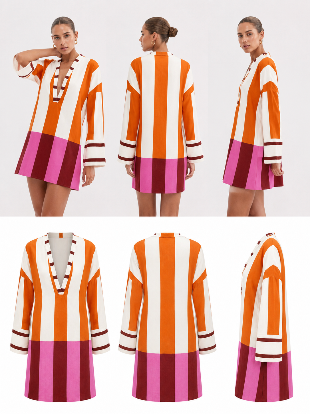 The Coastal Edit | Striped Linen Blend V-Neck Long Sleeve Mini Dress | Relaxed A-Line Resort Dress | L’LUXE