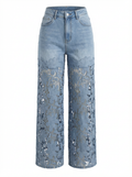 Blue High-Waist Cutout Lace Denim Pants Size 14