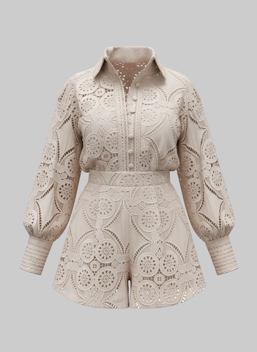 Lace Embroidered Short Balloon-Sleeve Romper