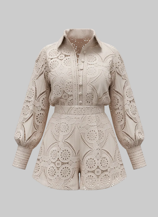 White Lace Embroidered Short Balloon-Sleeve Romper | L’LUXE Jumpsuits