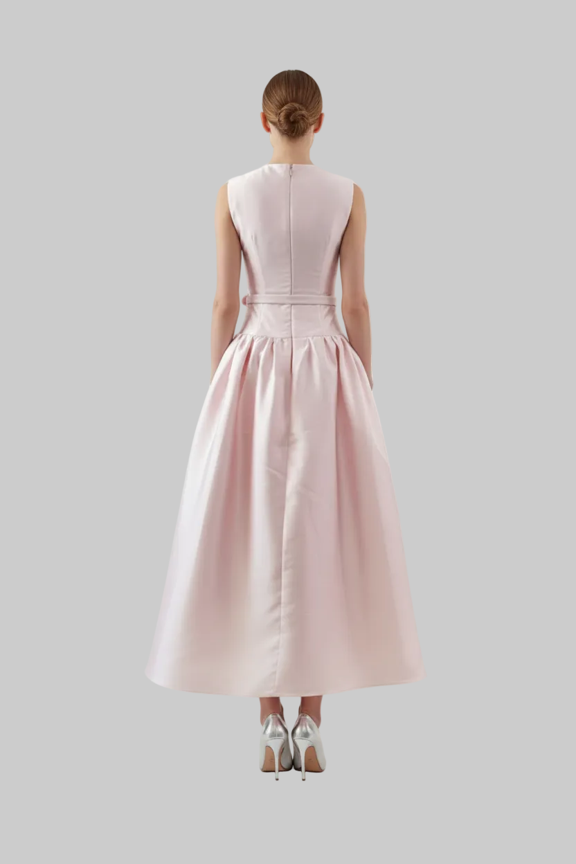 Pink Slimming Waist Belted Midi Dress