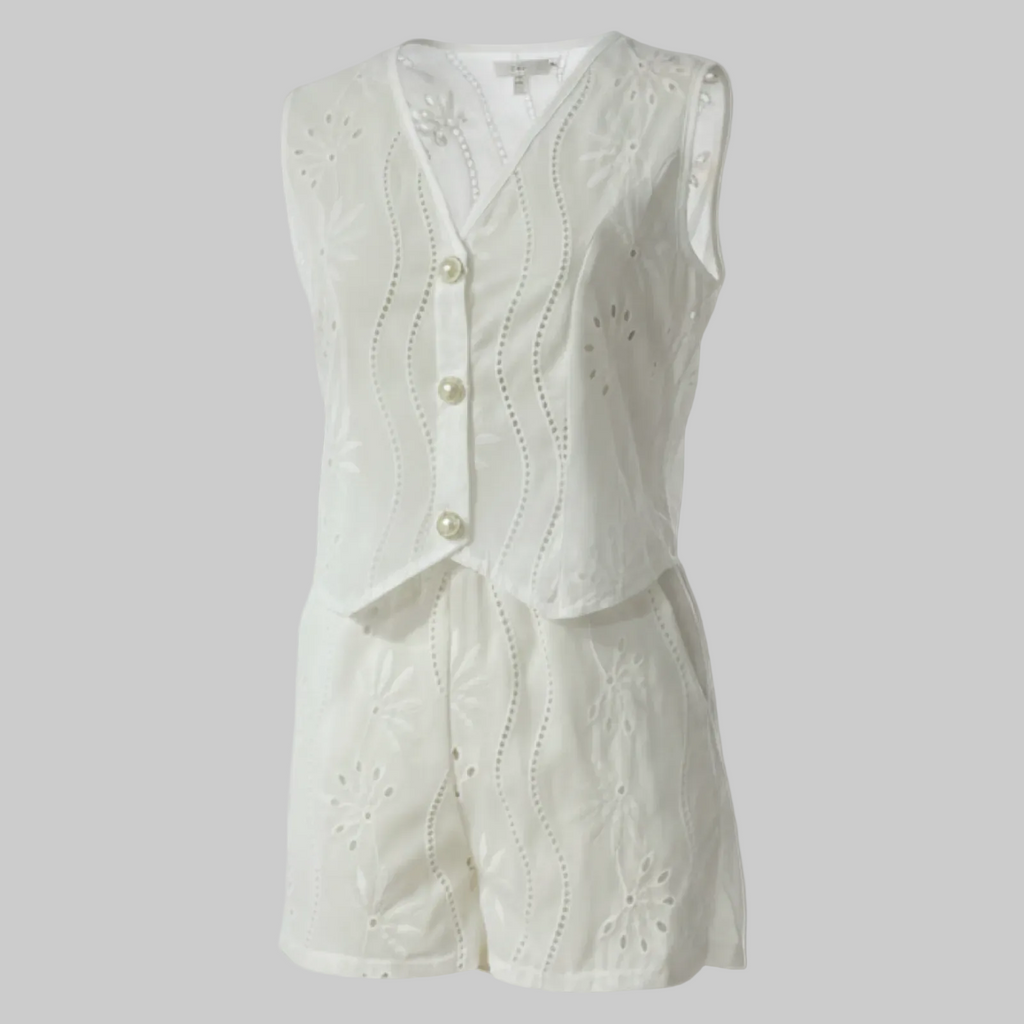 Eyelet Embroidered V-Neck Sleeveless Shorts Two-Piece Set
