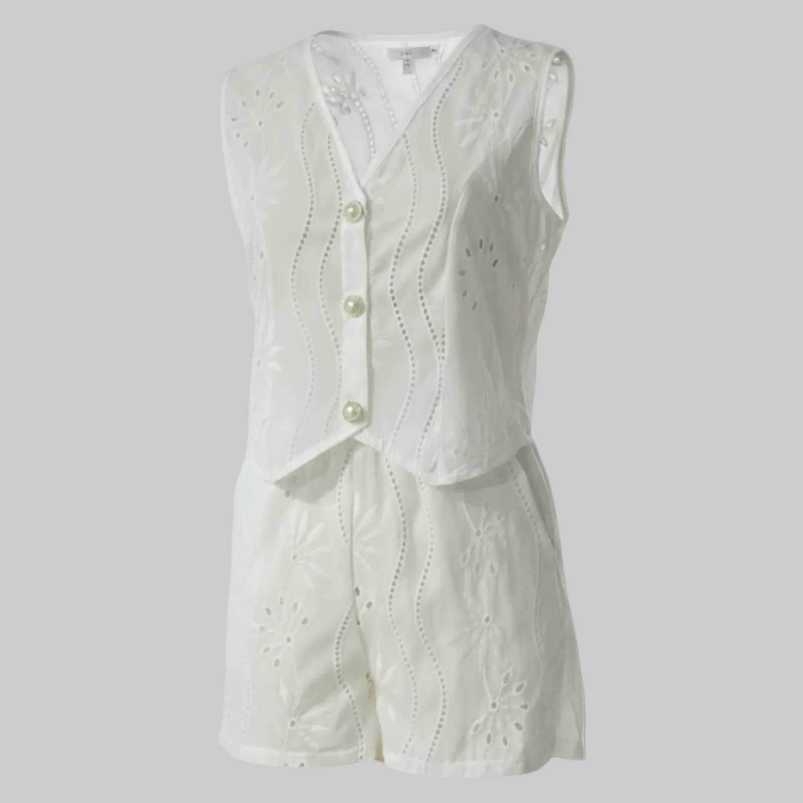Eyelet Embroidered V-Neck Sleeveless Shorts Two-Piece Set