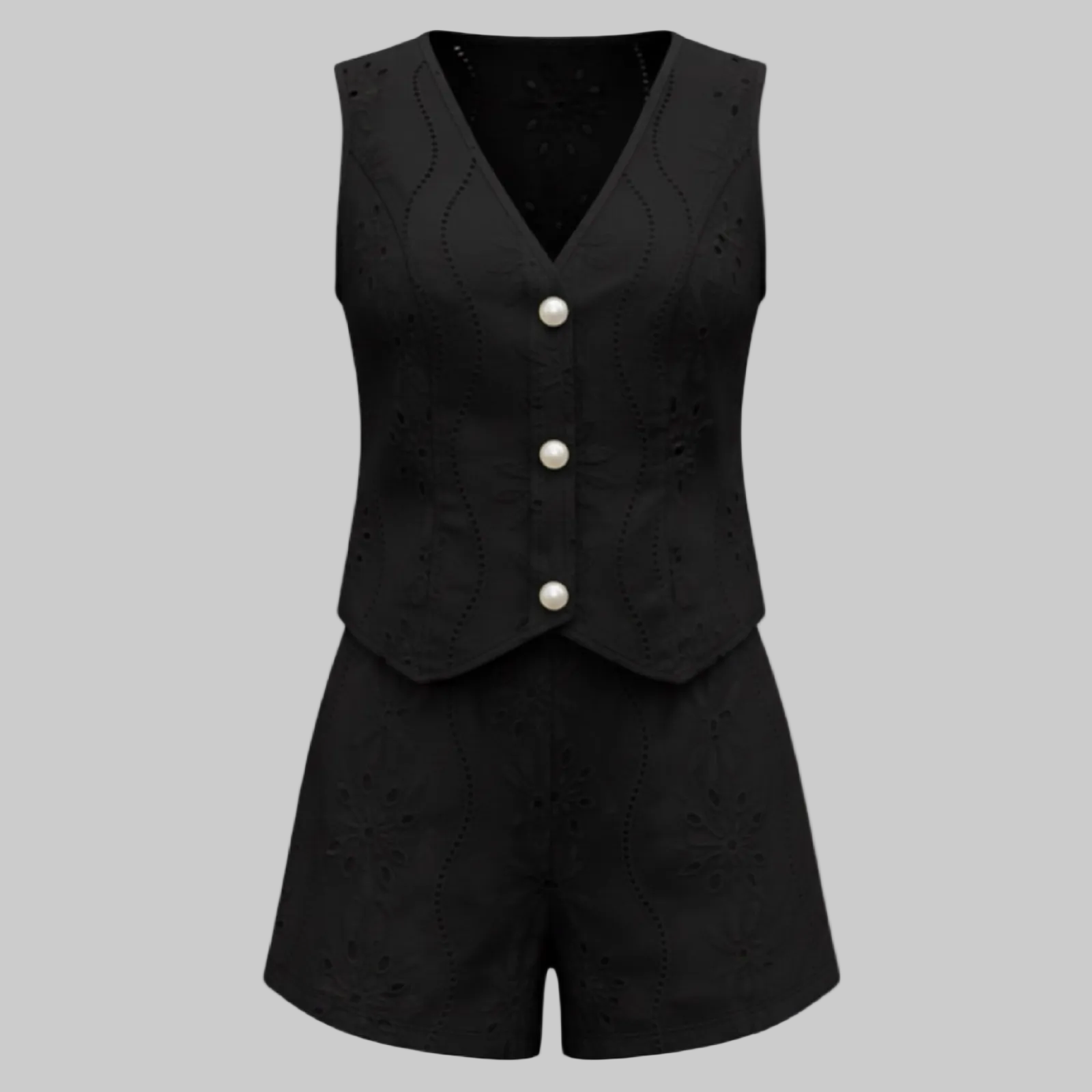 Eyelet Embroidered V-Neck Sleeveless Shorts Two-Piece Set