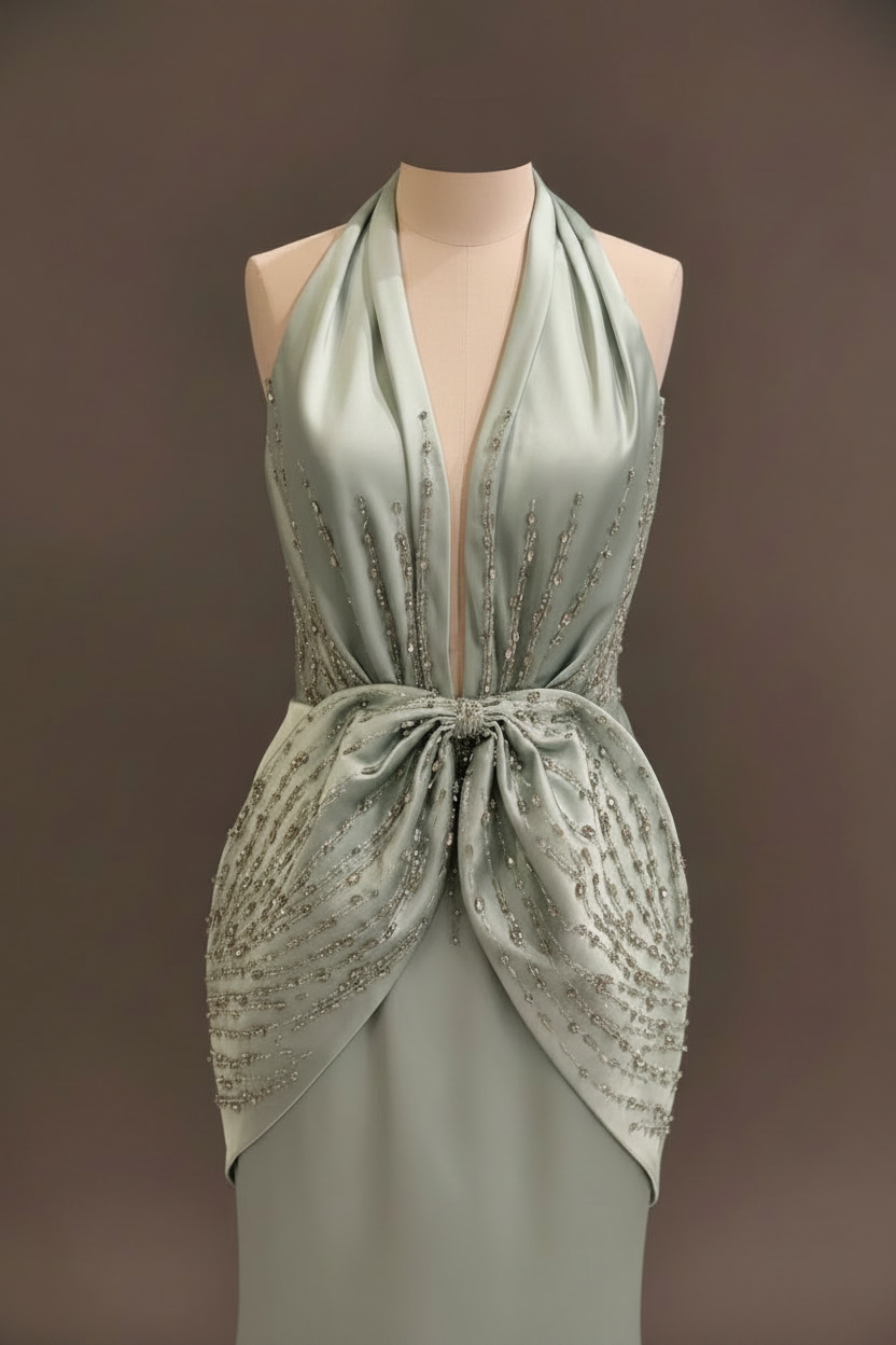 A Pale Mint Green Halter Evening Gown with Crystal-Style Waist Detail Formal Dress
