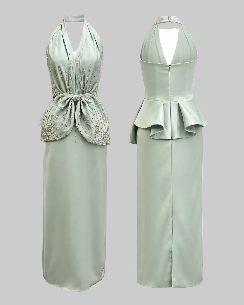 A Pale Mint Green Halter Evening Gown with Crystal-Style Waist Detail Formal Dress