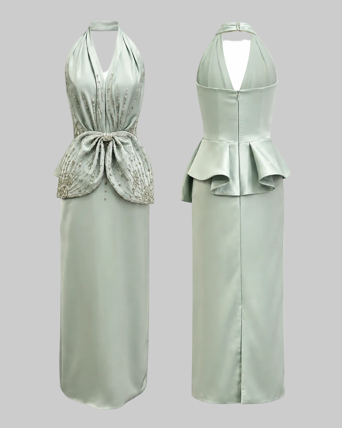 A Pale Mint Green Halter Evening Gown with Crystal-Style Waist Detail Formal Dress