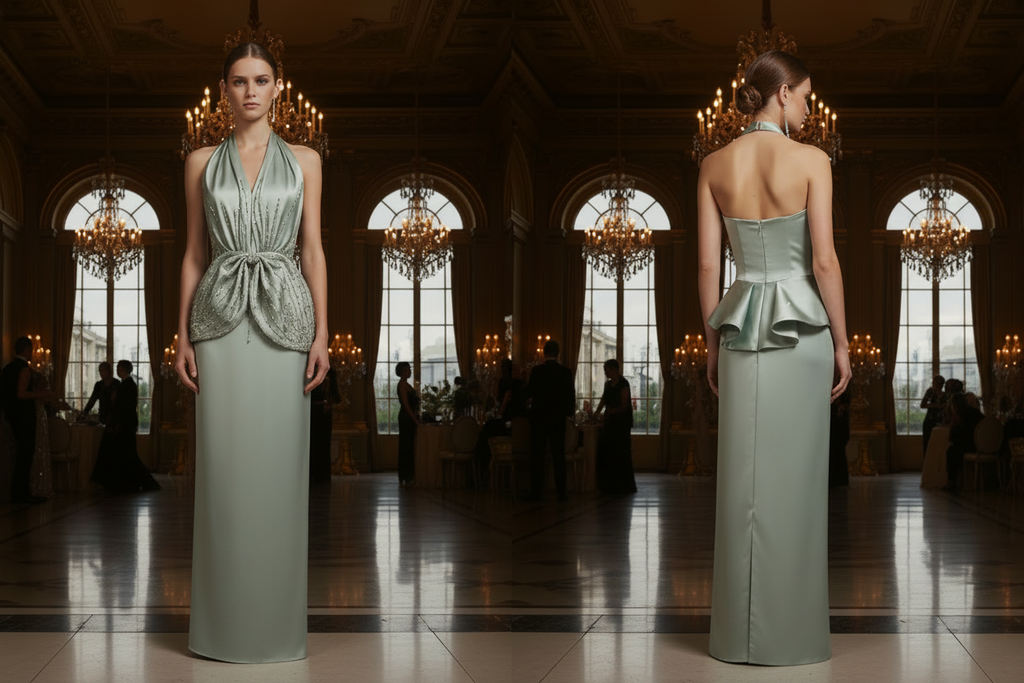 A Pale Mint Green Halter Evening Gown with Crystal-Style Waist Detail Formal Dress