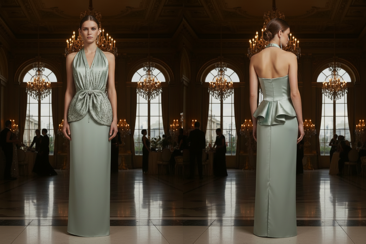 A Pale Mint Green Halter Evening Gown with Crystal-Style Waist Detail Formal Dress