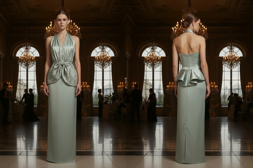 A Pale Mint Green Halter Evening Gown with Crystal-Style Waist Detail Formal Dress