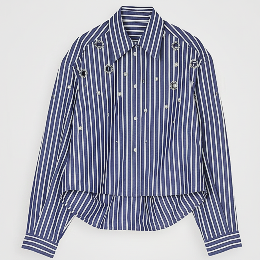 Blue Striped Beaded Rhinestone Cotton Blouse – Cropped Layered Hem