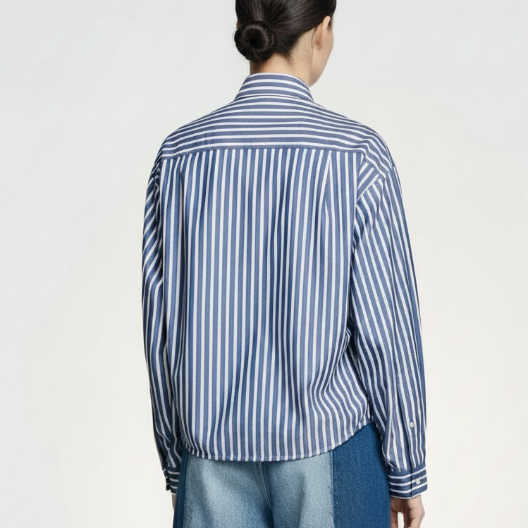 Blue Striped Beaded Rhinestone Cotton Blouse – Cropped Layered Hem