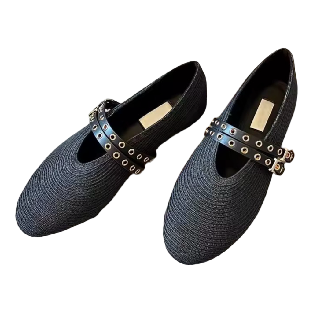 Raffia Mary Jane Ballet Flats with Double Buckle Leather Straps | L’LUXE Inspired Collection