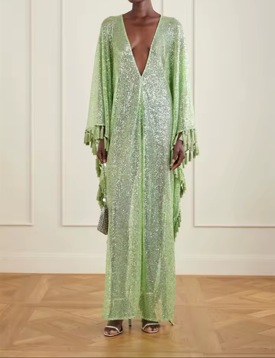 Sequin Fringe Evening Cape Gown – Pistachio Green