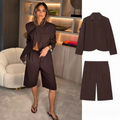 Brown Cropped Blazer & Bermuda Pants Set – Elegant Casual Two-Piece Suit