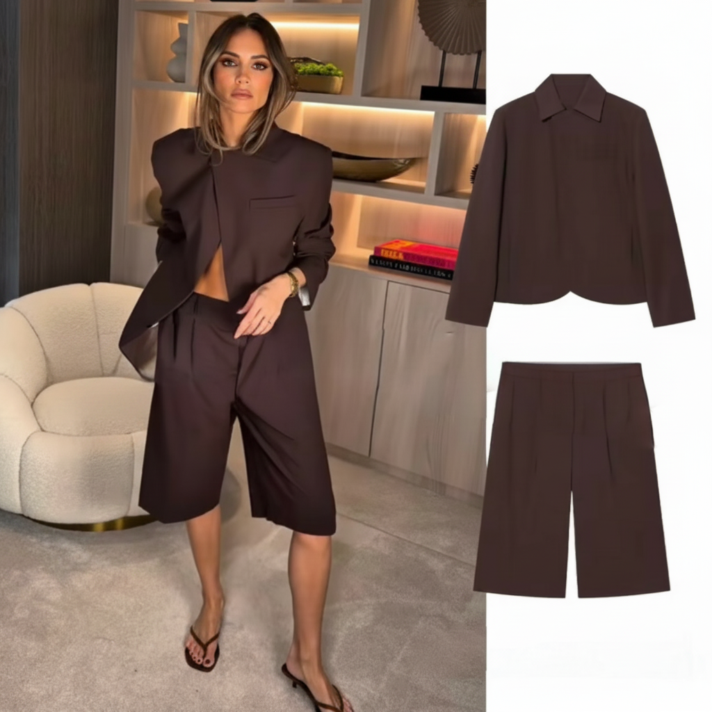Brown Cropped Blazer & Bermuda Pants Set – Elegant Casual Two-Piece Suit