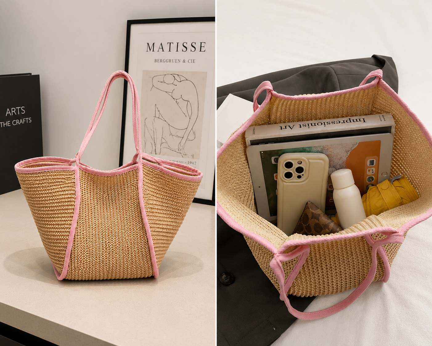 Pink Trim Woven Straw Tote Bag