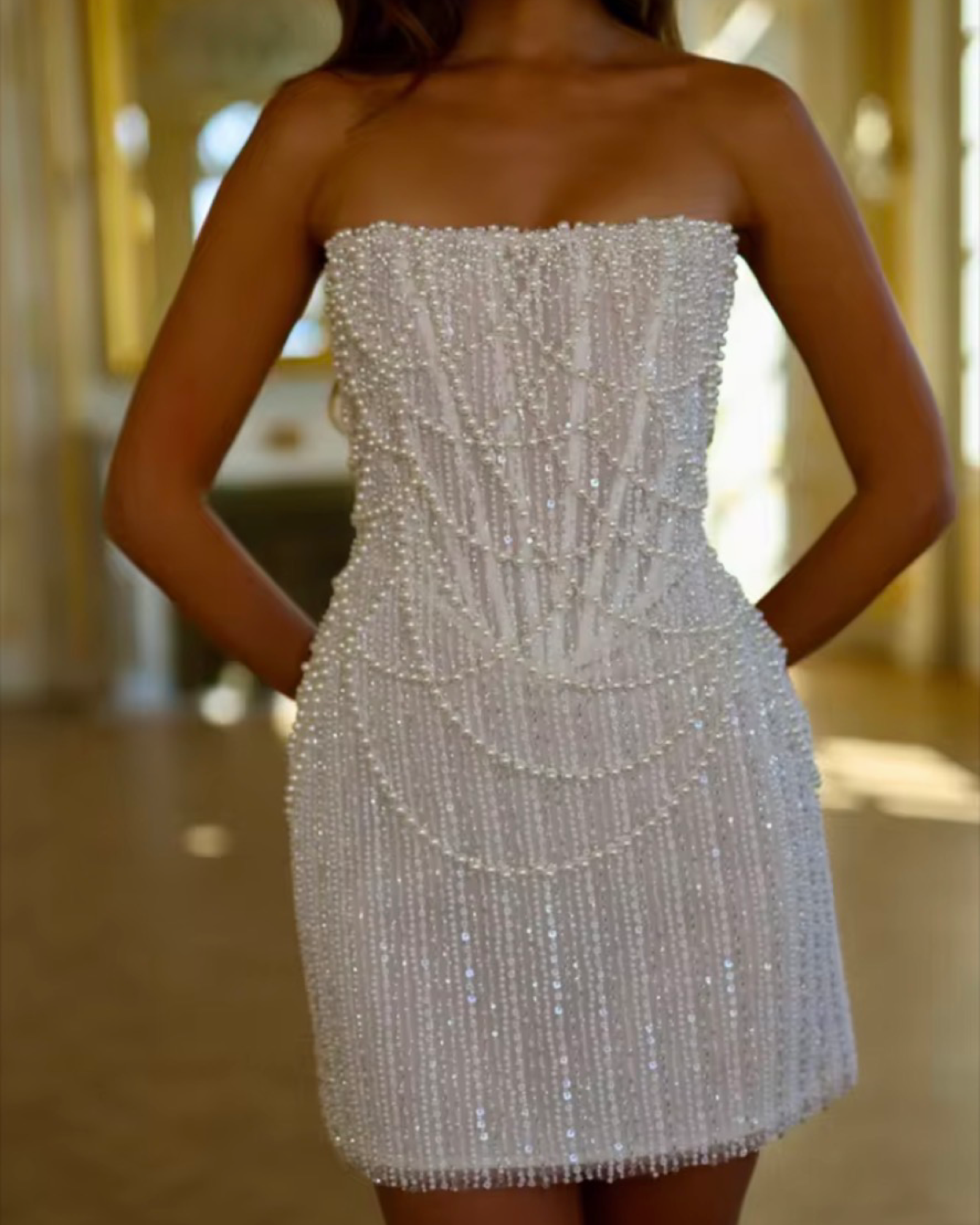 Strapless mini or maxi Pearl Beaded Evening Crystal Fringe Dress