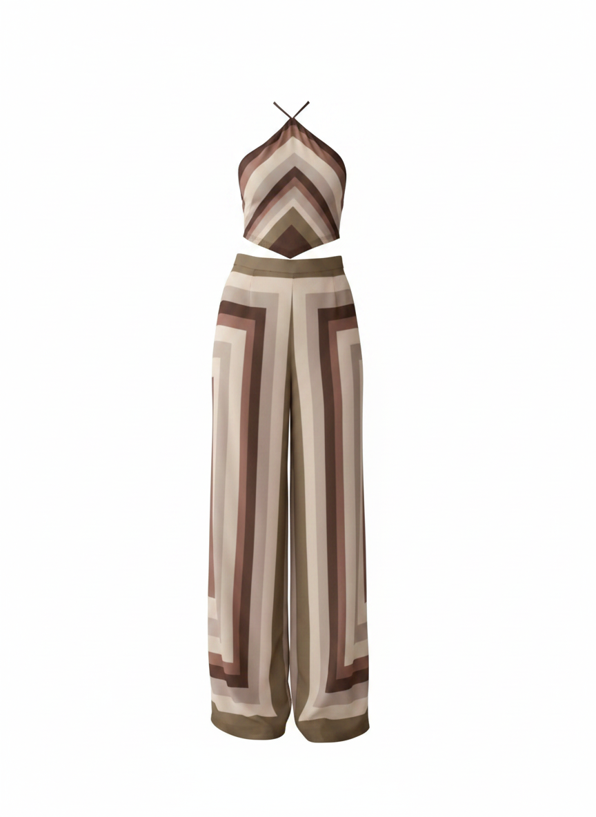 Earth Tone Geometric Print Matching Co-Ord Outfit – Halter Crop Top & Wide-Leg Pants